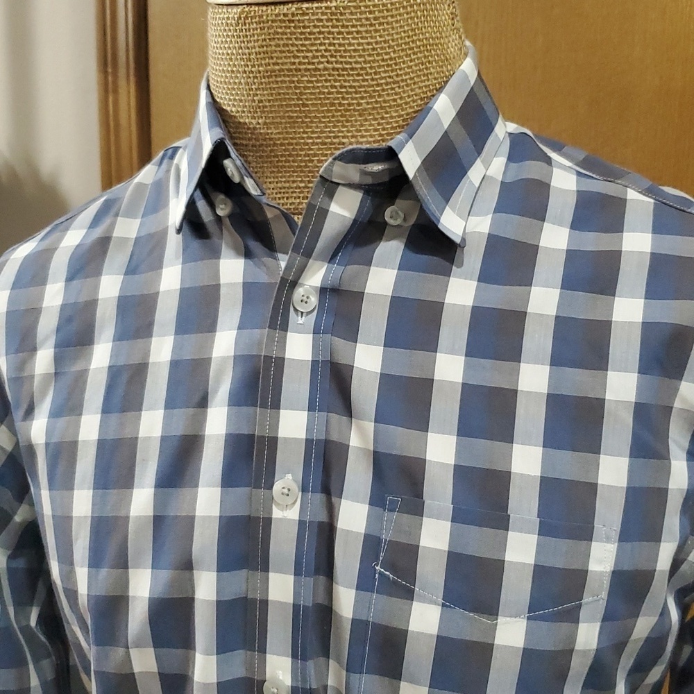 Untuckit grey blue plaid checkered long sleeve shirt